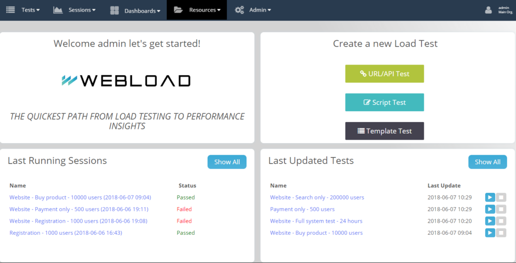 WebLOAD dashboard