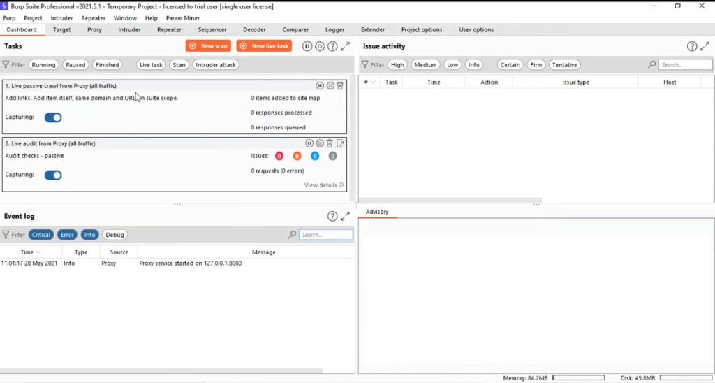 burp suite dashboard